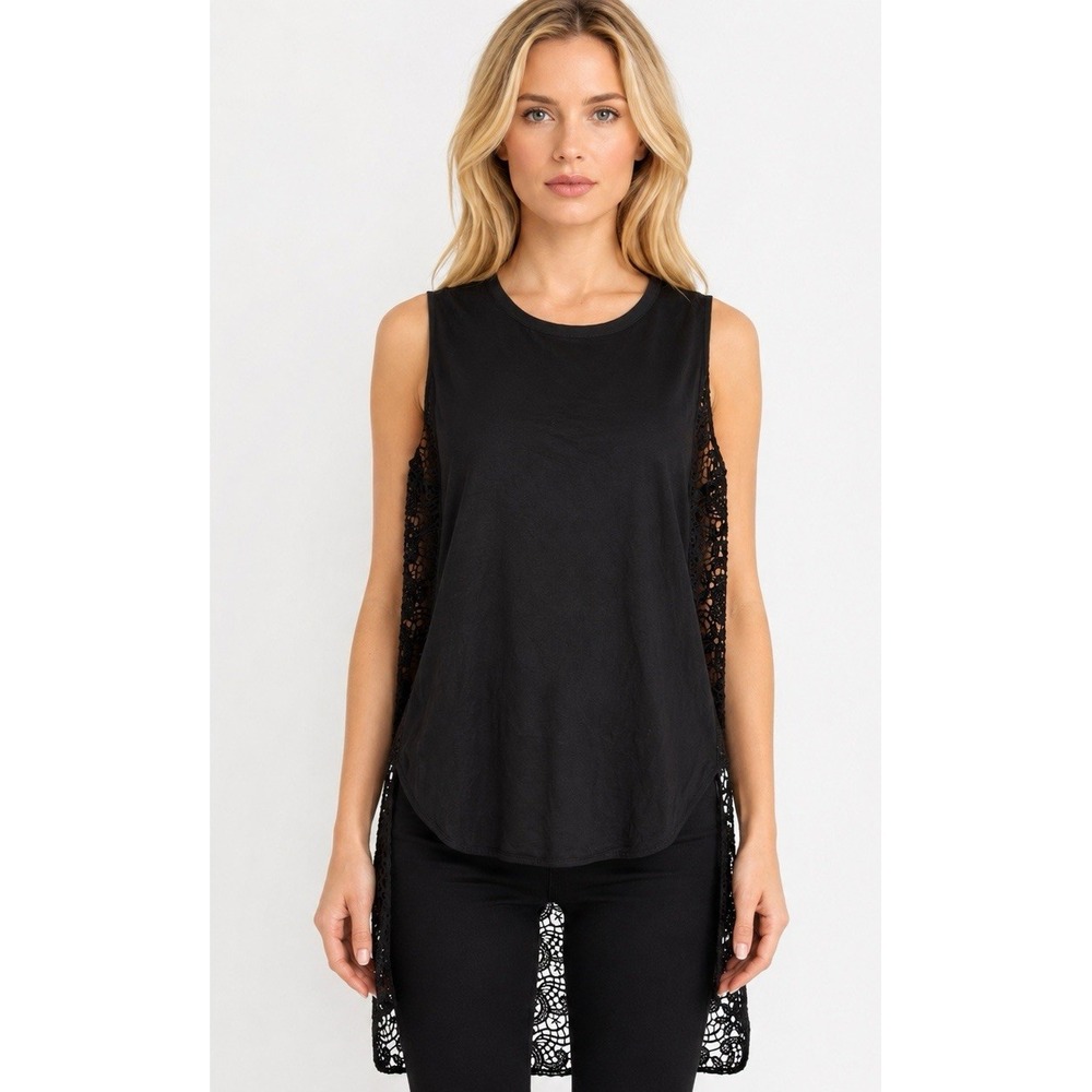Torn by Ronny Kobo Black Lace Tunic Top Designer High Low Sheer Crochet Medium
